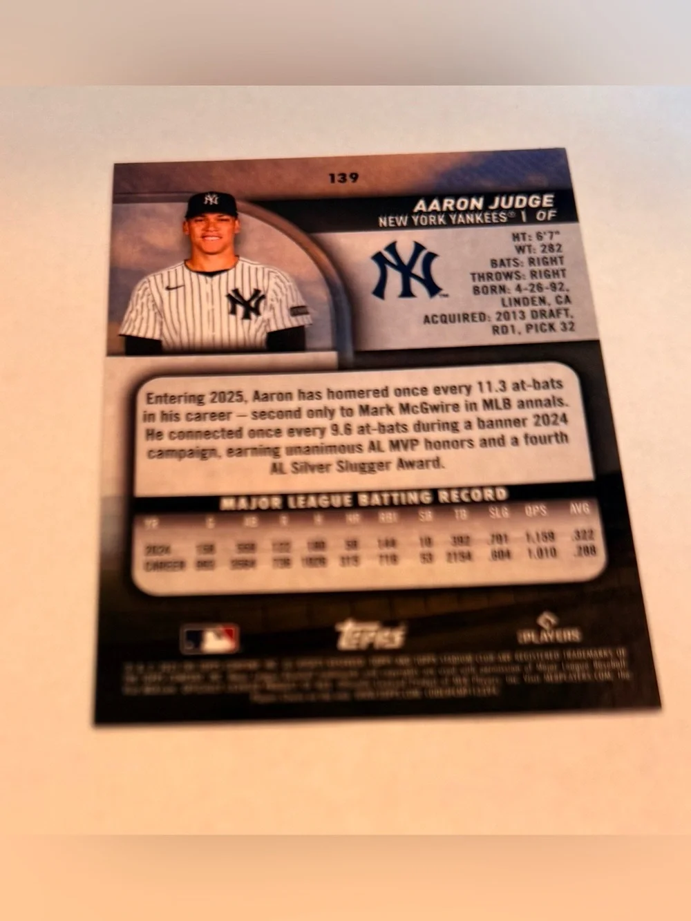 2025 Topps Stadium Club # 139 Aaron Judge Baseball Card - NY- Yankees / Outfield